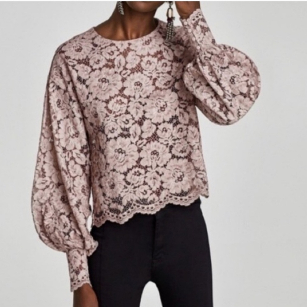 ZARA Blush PINK Floral Lace Long Sleeve Top Blouse Size LARGE